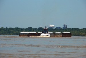 Barges pushing upriver near Baton Rouge, LA