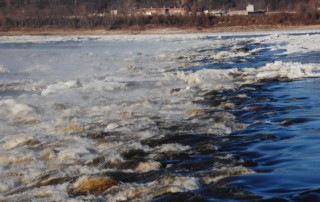 Steam and ice surround the Chain of Rocks rapids on the Mississippi River above St. Louis