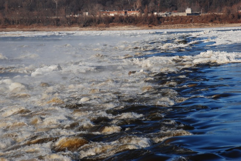 Steam and ice surround the Chain of Rocks rapids on the Mississippi River above St. Louis