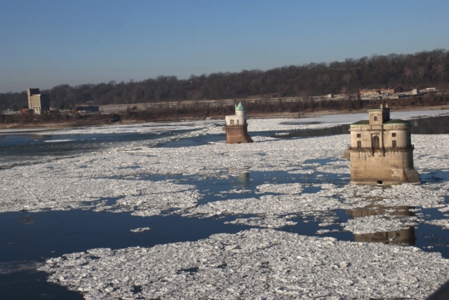 Ice surrounds water intake towers for St. Louis above the Chain of Rocks on the Mississippi River