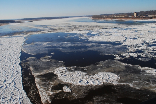 A winter view of the Chain of Rocks on the icy Mississippi River